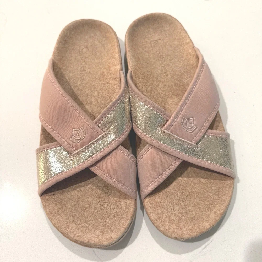 Spenco Womens Orthotic Slide Sandals Blush‎ Pink Gold Metallic Strappy Size 10